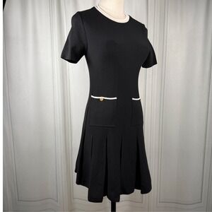 ZARA Black & Cream Pleated Knit Dress Gold Buttons XS